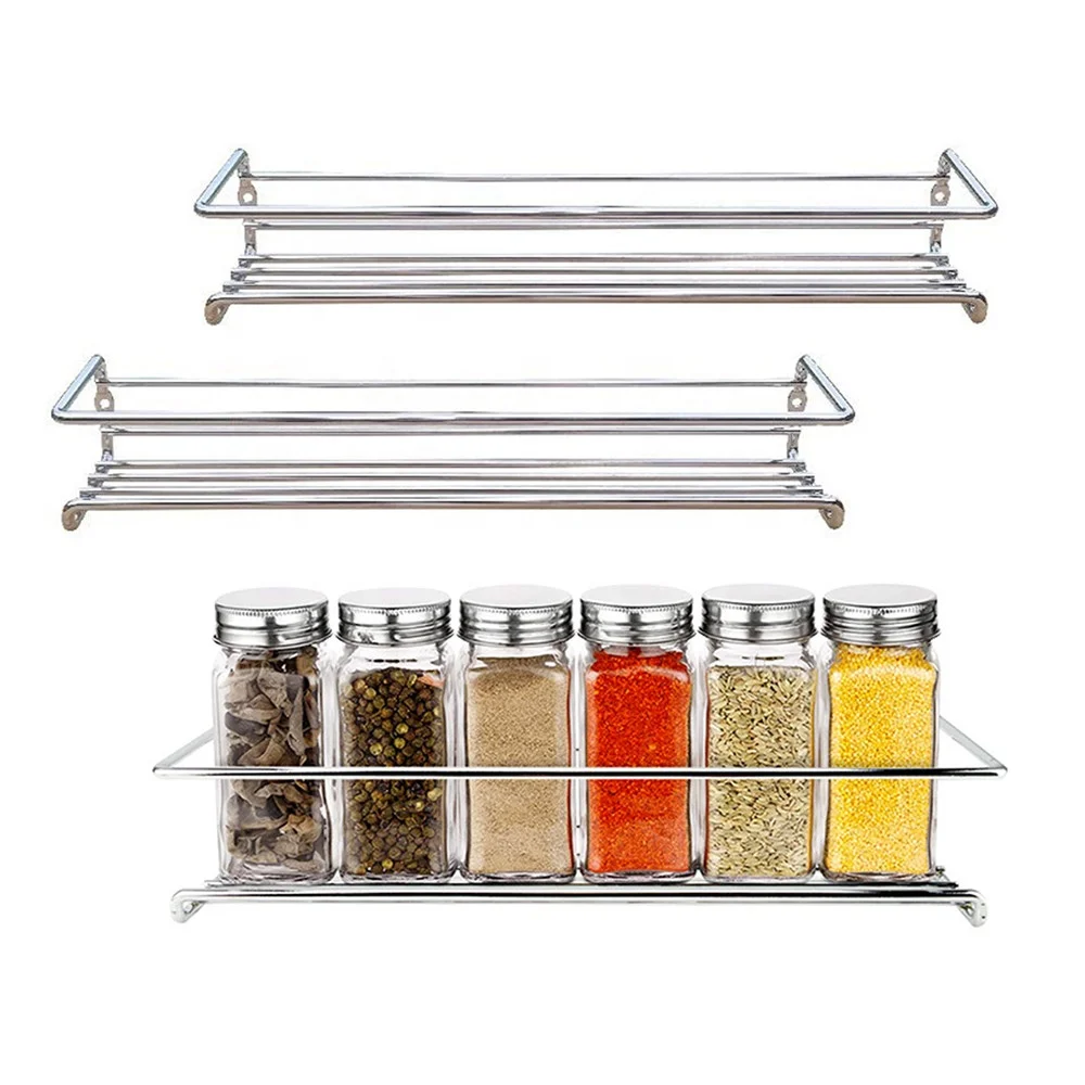 Punch-free Kitchen Fridge Cabinet Spice Rack Organizer Iron Wall Mounted Chrome 4 Tier Hanging Shelf for Spice Mason Jar