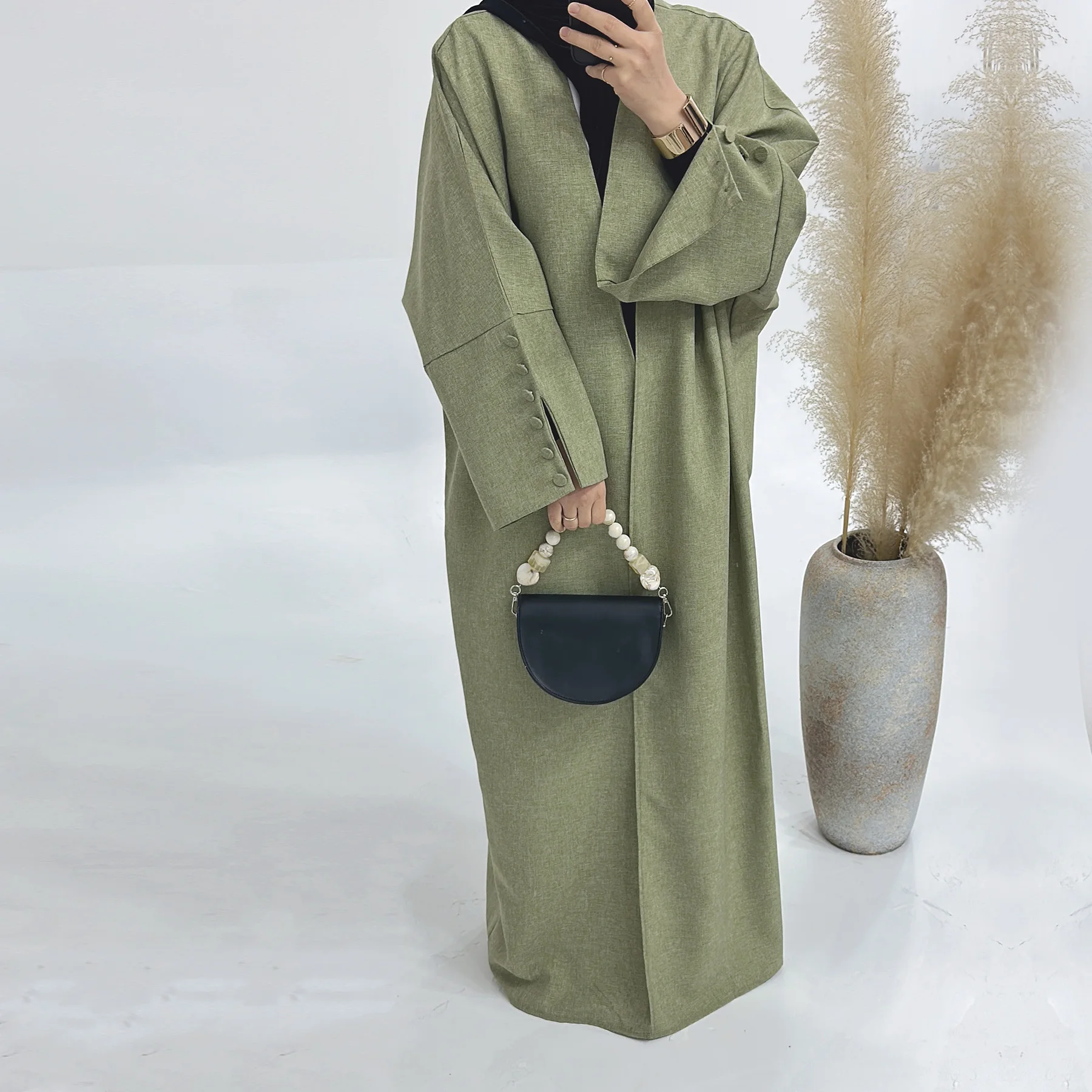2024 Loriya EID Ramadan Linen Kimono Abaya with Buttons and Slit Sleeves Solid Color Islamic Clothing Women Abaya