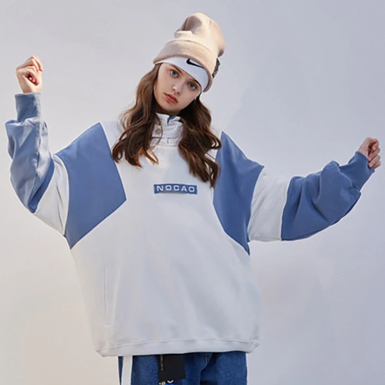 Nocao Korean street style casual fashion loose stand collar contrast color long sleeve pullover sweatshirt for men and women