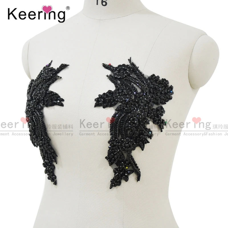 WDP-296 Very High End Lace Popular Jet Black Crystal Bodice Diamond 3D Flower Applique