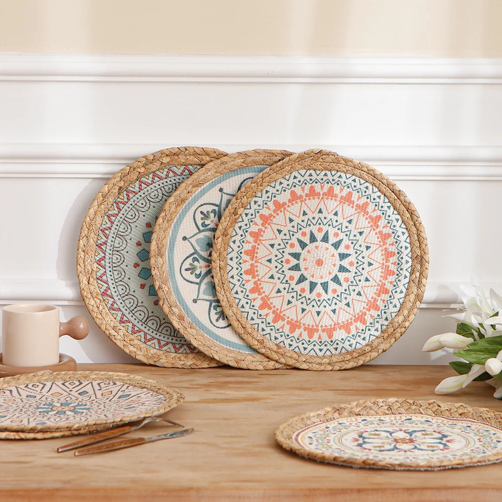Handmade Natural Braided Tabletop Round Heat Insulation Cotton Rope Tablemat Outdoor Luxury Water Hyacinth Placemat Table Mat