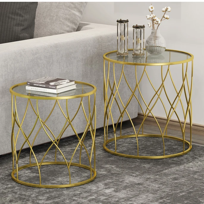 
Modern Round Bed Side Table Metal Glass Modern Coffee Table for Living Room 