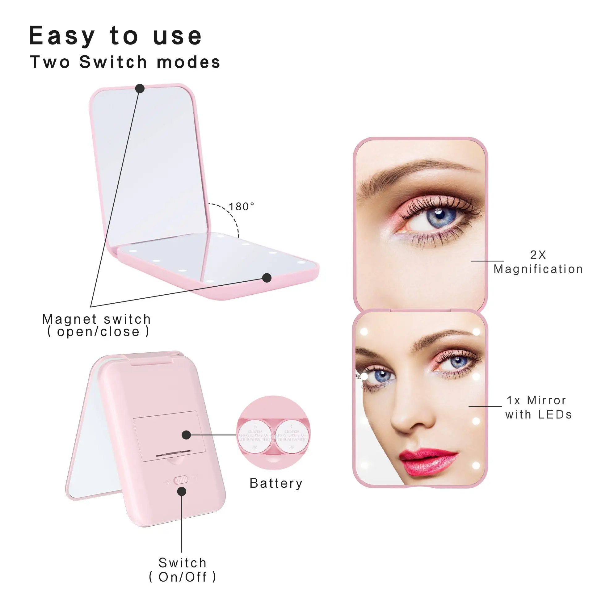 Portable Magnification Light 2-Sided Portable Foldable Handheld Gift Pink LED Small Compact Travel Makeup Mirror