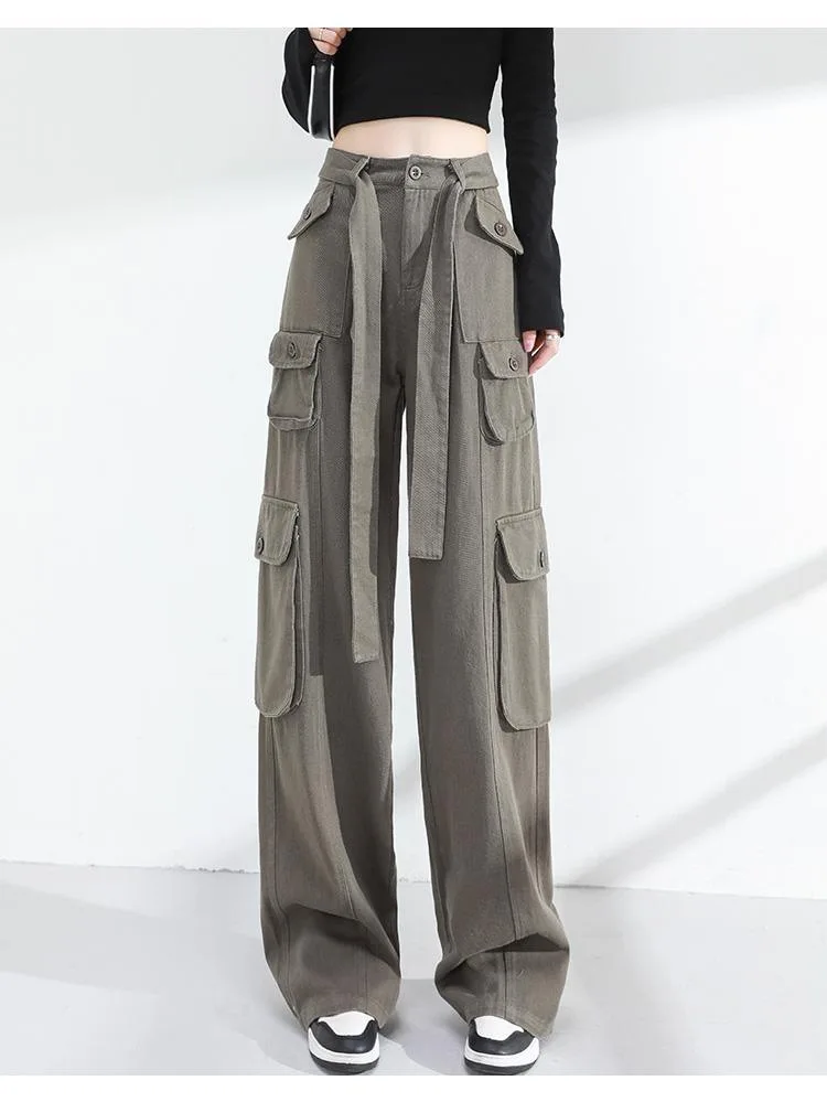 Women Brown Vintage Cargo Pants Baggy Jeans Women High Waist Fashion 90s  Cool Girl Slim Multiple Pockets Design Cargo Pants