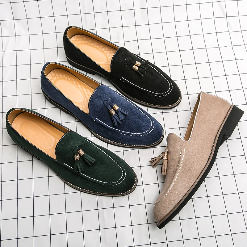 PDEP Spring and autumn suede casual leather dress shoes tassel casual slip on smoking loafer shoes for men