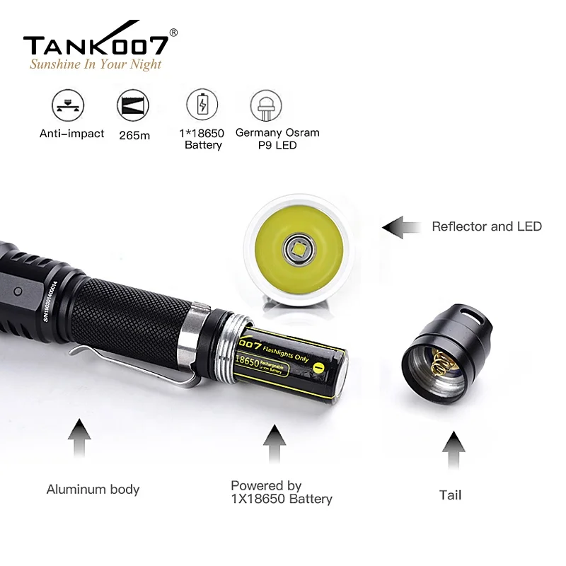 Tank007 flashlight factory wholesale long range torch light high power bulk super bright rechargeable flashlight LED Linterna