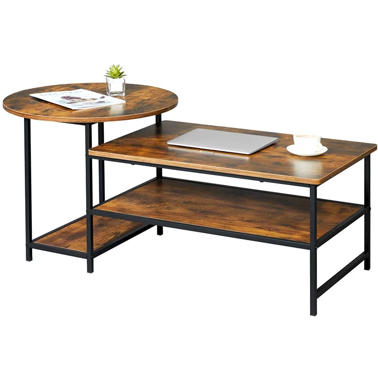 
Modern Smart Coffee Tables Rustic Brown Round and Rectangular Sofa Coffee Table Set for Home Living Room 