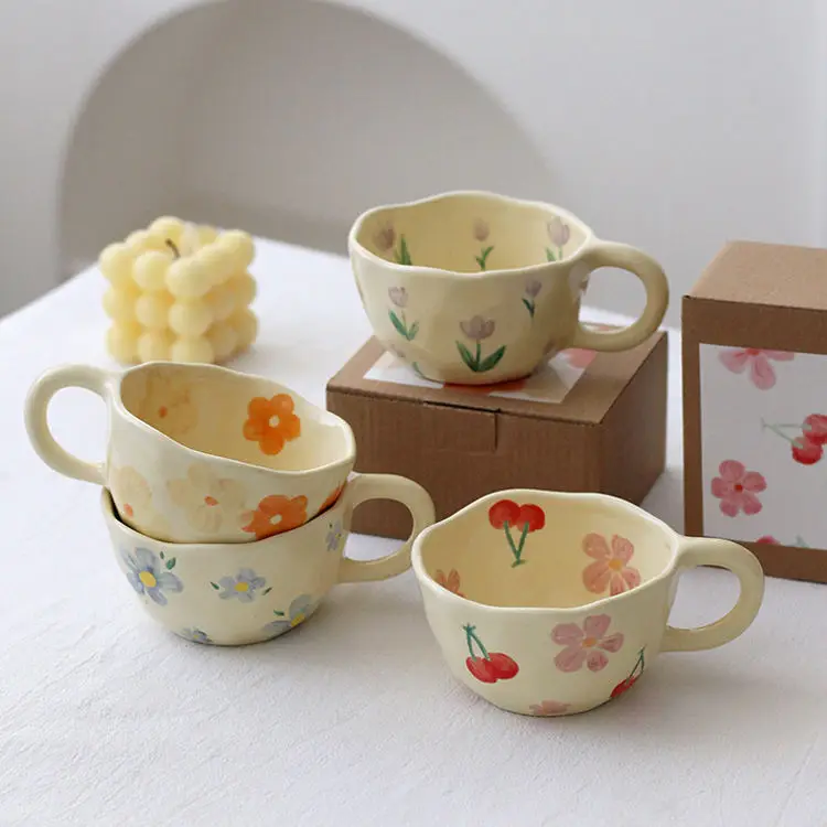 Ins Korea Irregular Hand Painted Flower Coffee Mug, Creative Ceramic Milk Water Cup, cappuccino Cup for hotel Office