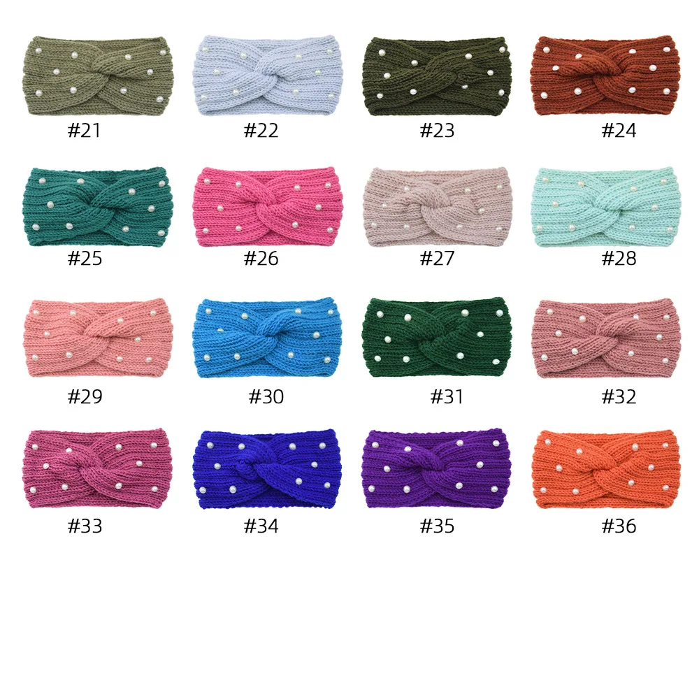 Qianjin Autumn And Winter Double-Layer Knitted Hair Accessories Woven Headband Warm Wool Hair Band Knitted Pearl Cross Hair Band