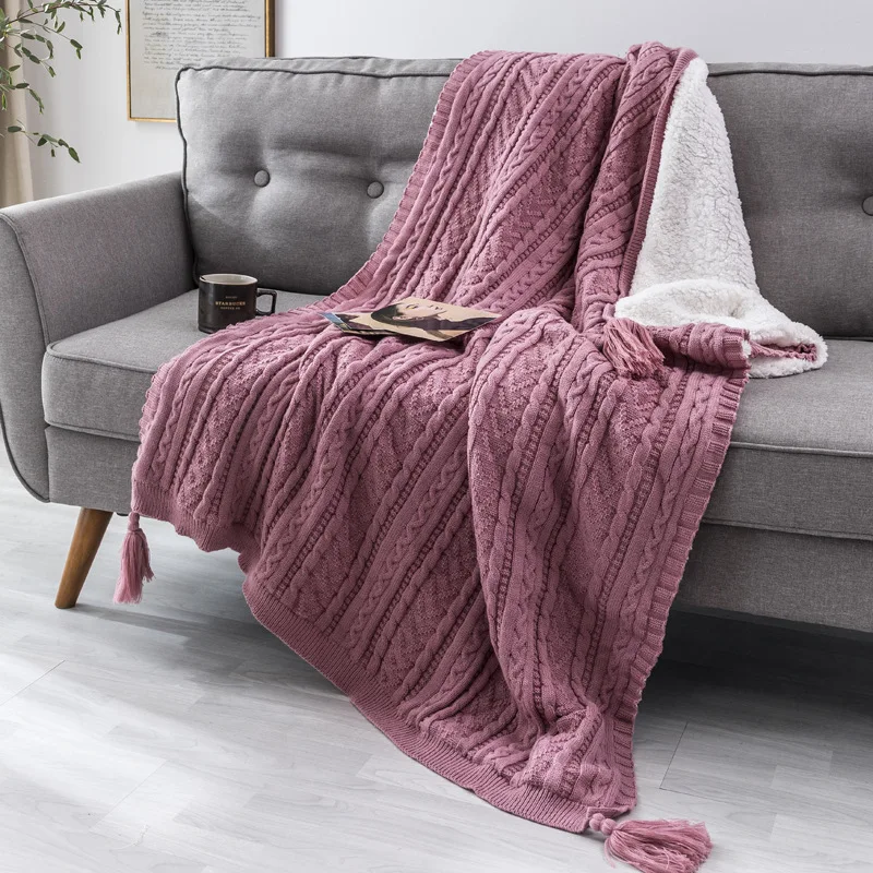 Double Layered Blanket Classic Acrylic Knit Cozy Polyester Faux Lambs Wool Sherpa Backing Plush Throw Blanket