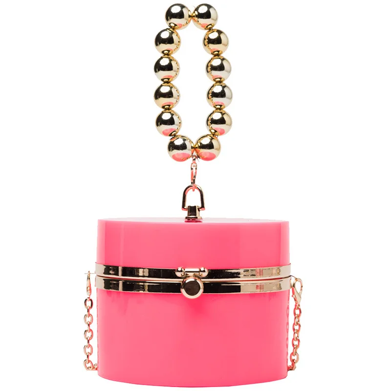 Drop Shipping Brand Women Metal Beads Strap Shoulder Bag Box Chain Handbags Acrylic PVC Messenger Round Purses