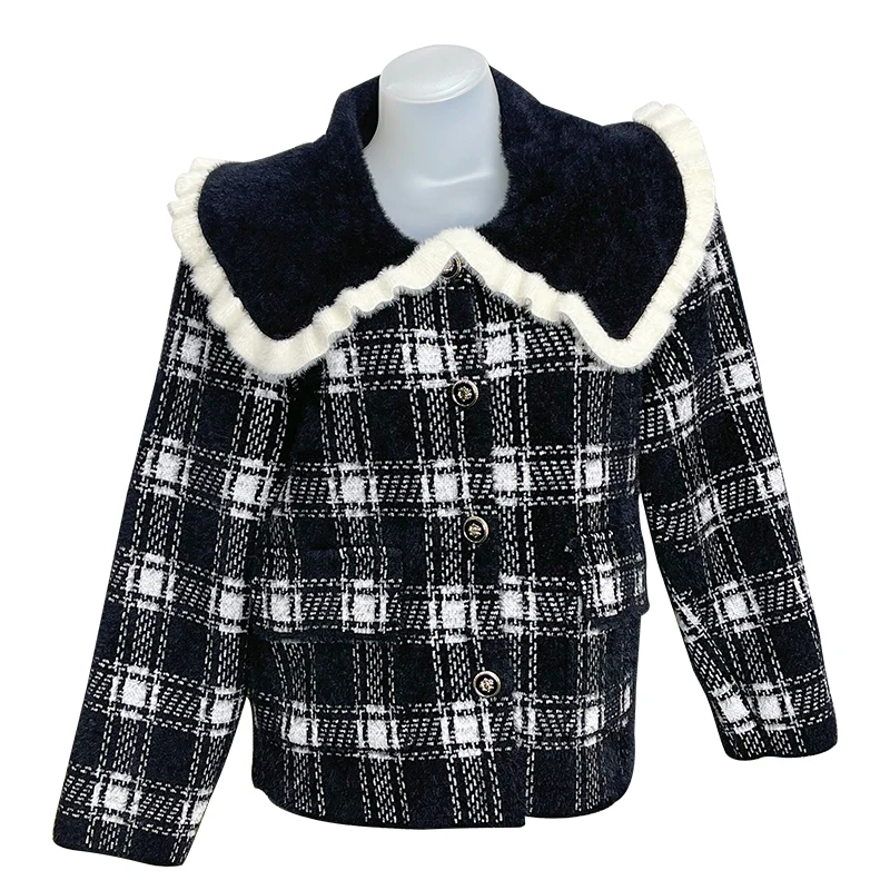 Wholesale womens spring autumn bomber jacket white black turn-down collar knit jacket