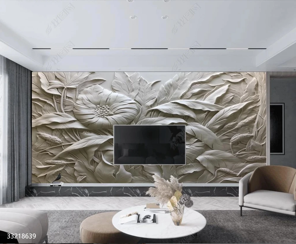 Top quality waterproof Tropical rainforest three-dimensional white relief plants silk mural with living room and bedroom