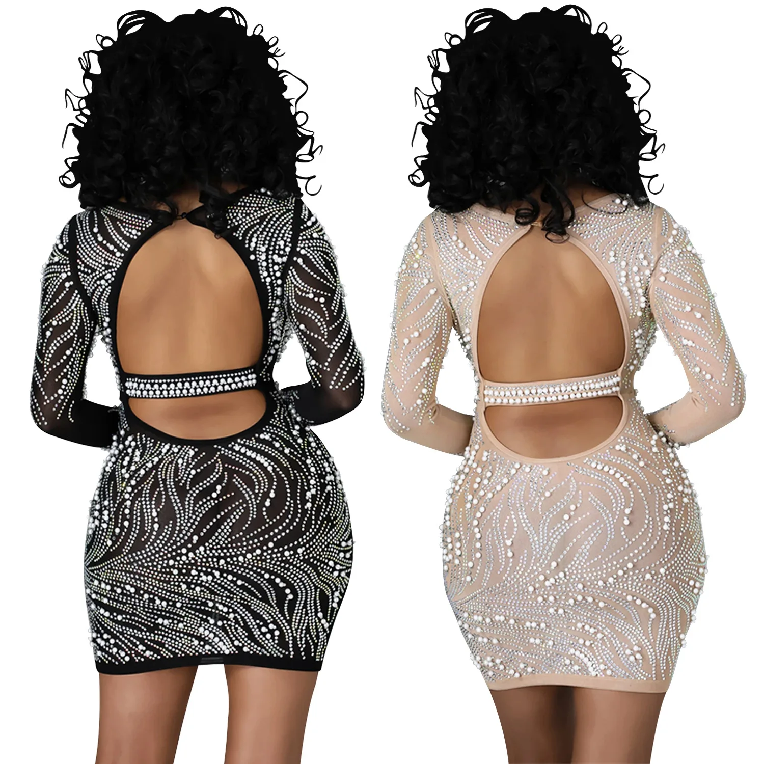 2022 New Arrivals Women Long Sleeve Floral Hot Drilling Night Dress Ladies Sexy Clear Transparent Bodycon Backless Club Dresses