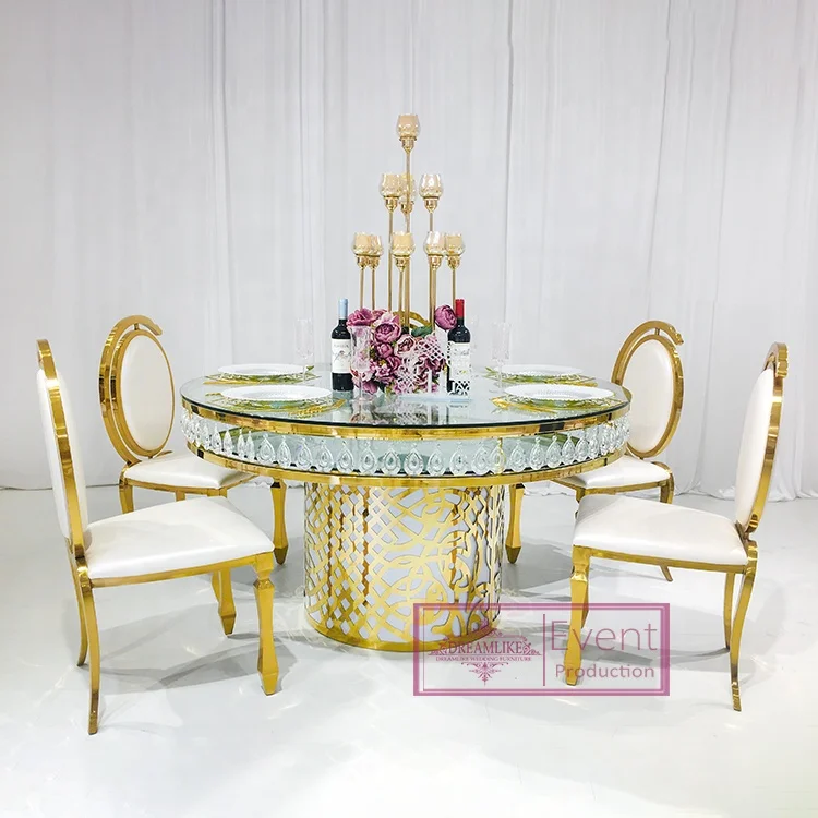 Высококачественный круглый обеденный стол из нержавеющей стали со стеклянной оправой и золотом, свадебный стол с прозрачными кристаллами