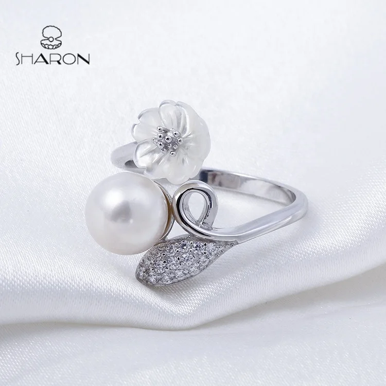 Manufacturer Wholesale Sharon Shell Flower Leaf 925 Sterling Silver Pearl Fashion Adjustable Ring For Women