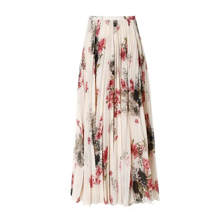 Summer Floral Pattern Chiffon Long Pleated Side Hidden Zipper Casual Lady Maxi Skirt