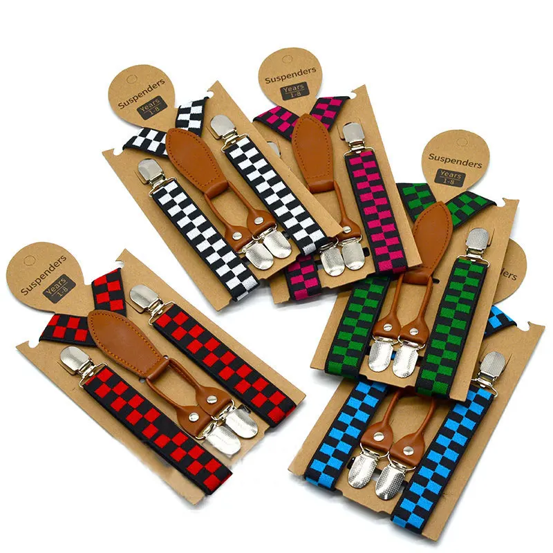 Plaid Fashion Suspenders for Girls 4 Clips Y Shape Baby Boy Suspenders Braces for Kids
