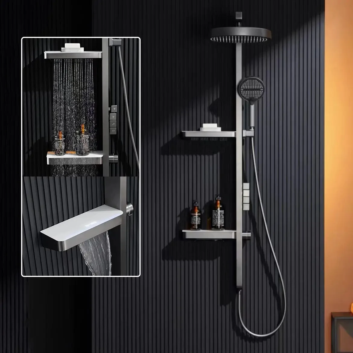 Digital Display Grey Shower Set Bathroom Double-layer Storage Table Showers Apartment Supercharged Shower Faucet White