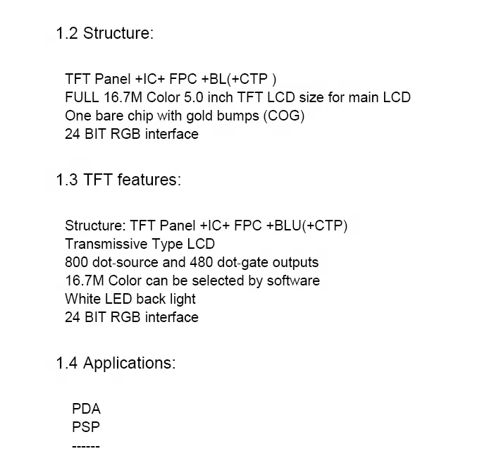 5.0' 5.0inch 5.0 inch 800x480 pixels TW050BS40T22C fucolors TFT-LCD display with CTP touch panel