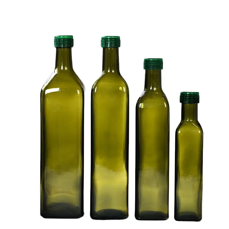 Wholesale Empty Square Dark Green 250ml 500ml 750ml Marasca Glass Olive Oil Bottles With Lid