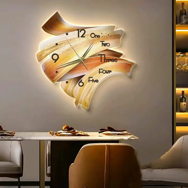 New Trend Modern Abstract green orange uv cutting edge hand-crafted wall home LED with clock decor for living room wall decor