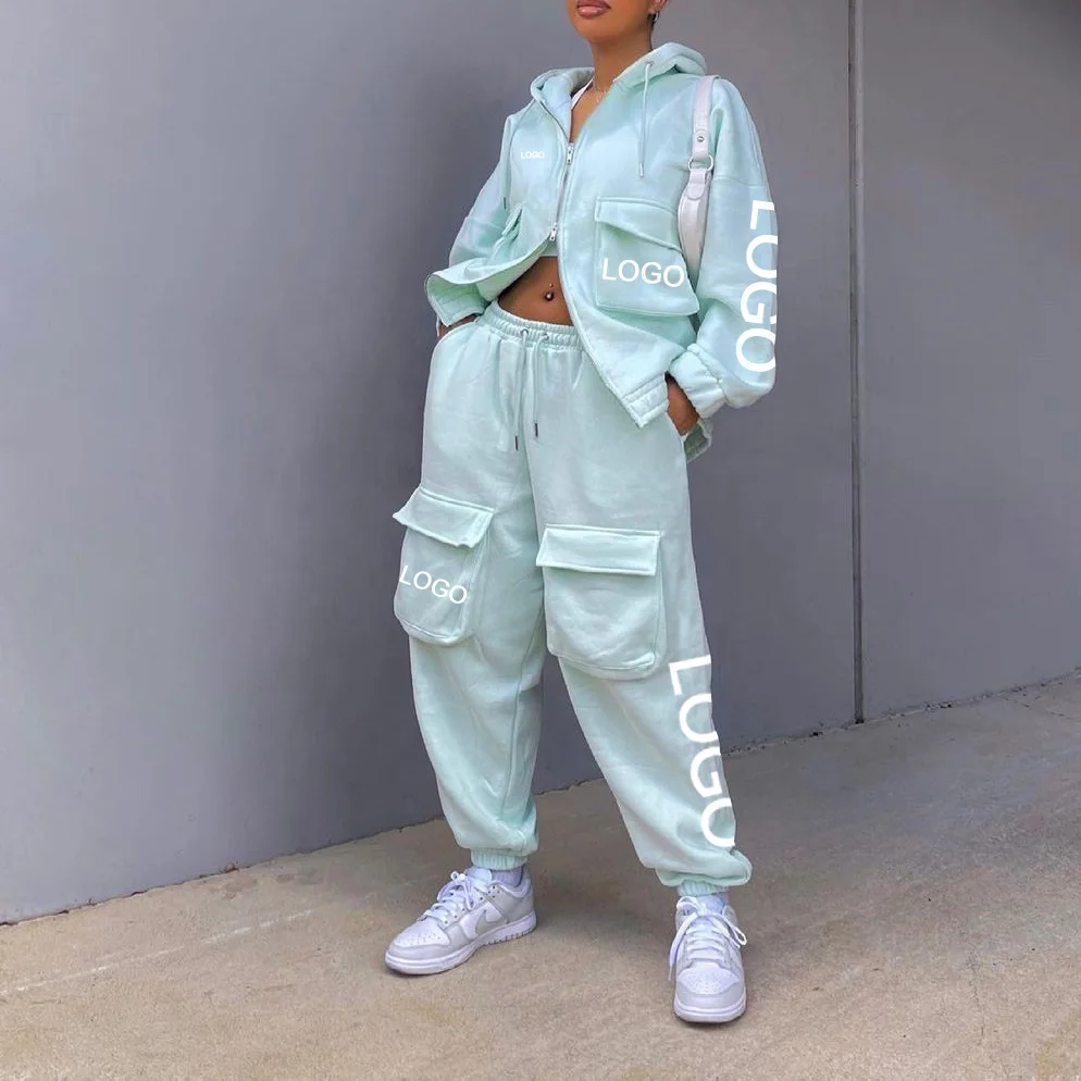 Winter Fashionable Causal Two Piece Clothing Suit for Ladies custom logo zipper Oversize Hoodie and Cargo pant jogger Women Sets