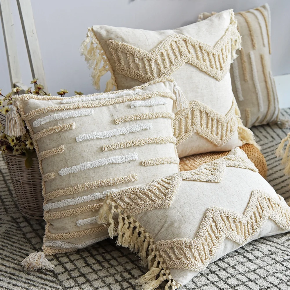 
Decorative Pillows Throw Pillow Cover Tribal Boho Woven Tufted Pillowcase with Tassels for Sofa Couch Car Living Room 
