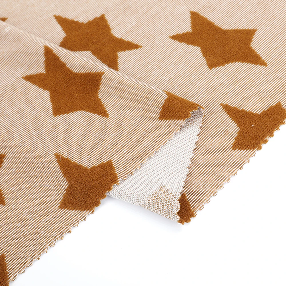 Cute Stars Jacquard Fabric Knitted 100% Polyester Recycled Custom Pentagram Pattern Flocked Fabric For Clothes