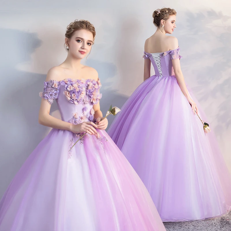 Wholesale Lace Flower Beaded Fashion Purple Tulle Organza Colored Wedding Dresses Women Party Evening Dress