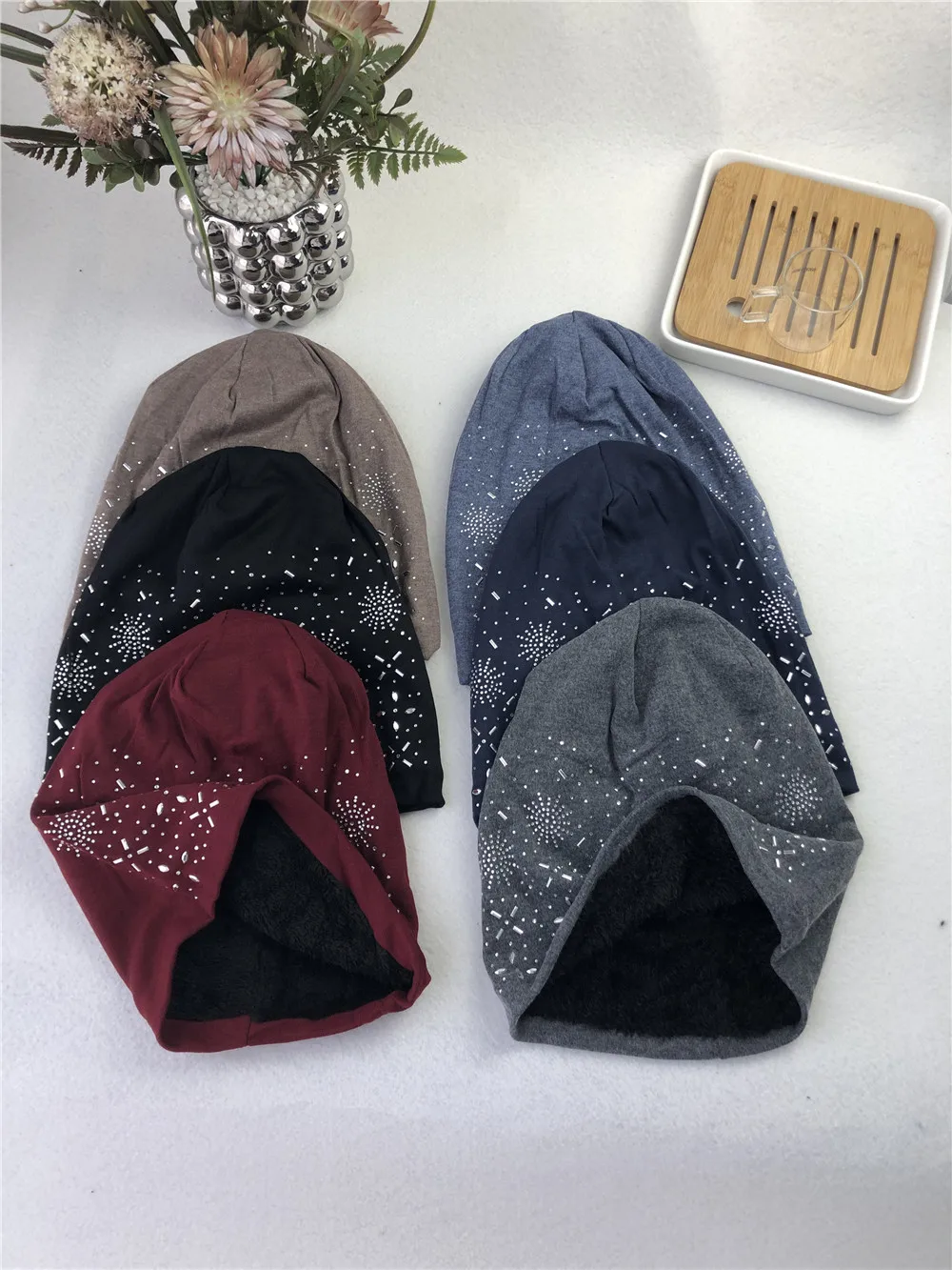 Women Winter Faux Fur Lined Jersey Rhinestones Studded Beanie Muslim Israeli Thick Pattern Print Slouchy Hat with Stones