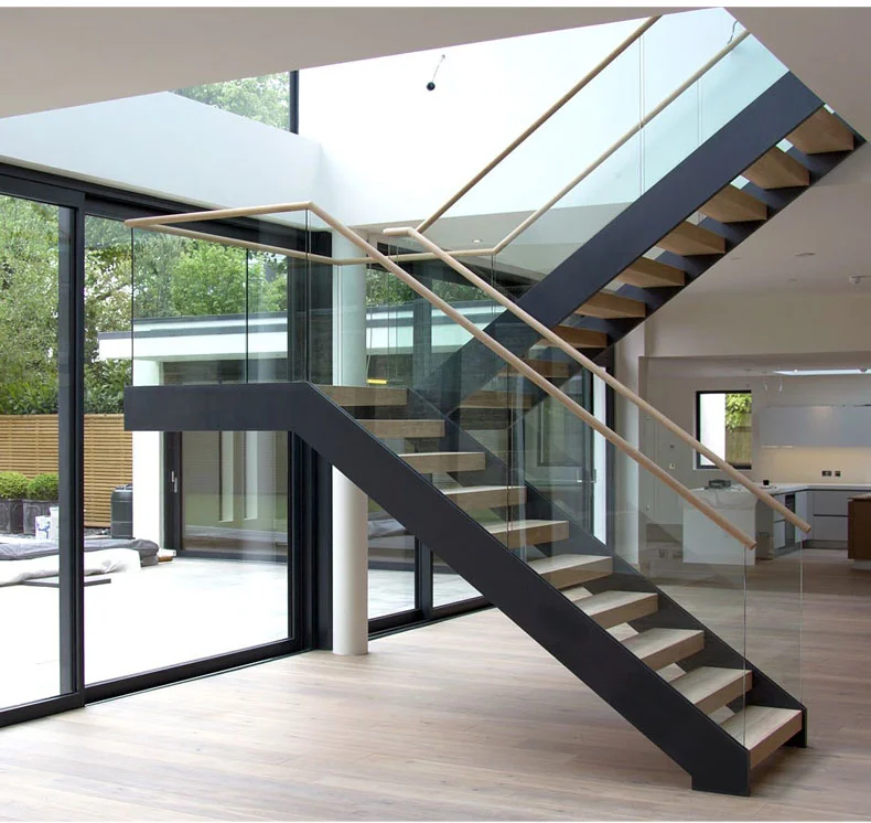 Basement spiral Staircase solid Wood Steps Steel beam attic Glass railing straight Stairs steel stringer metal frame stairway