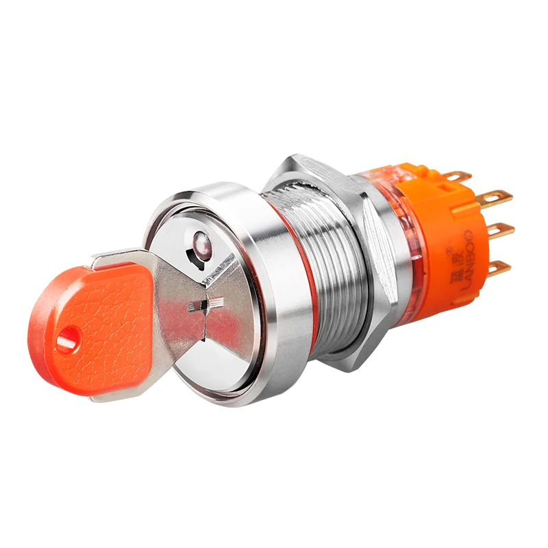 LANBOO 19/22mm 2 or 3 Position Maintained Type Lock Metal Knob Key Switch With Red Green LED  CE,ISO9001