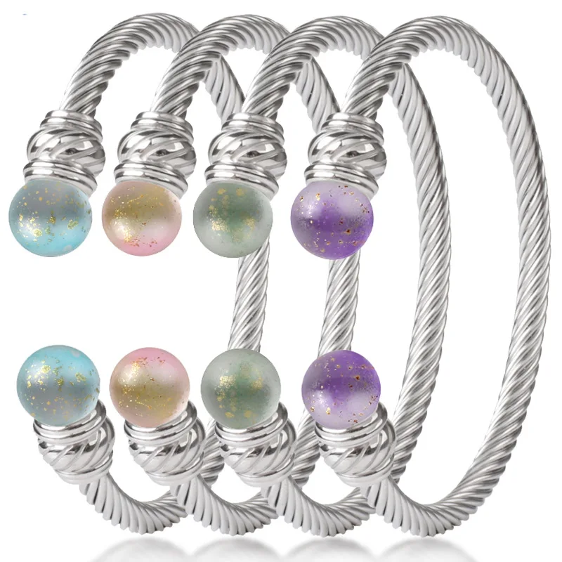 Fashion Stainless Steel Cable Bracelet Wire Rope Twisted Beads Open Cuff Bracelets Custom Logo
