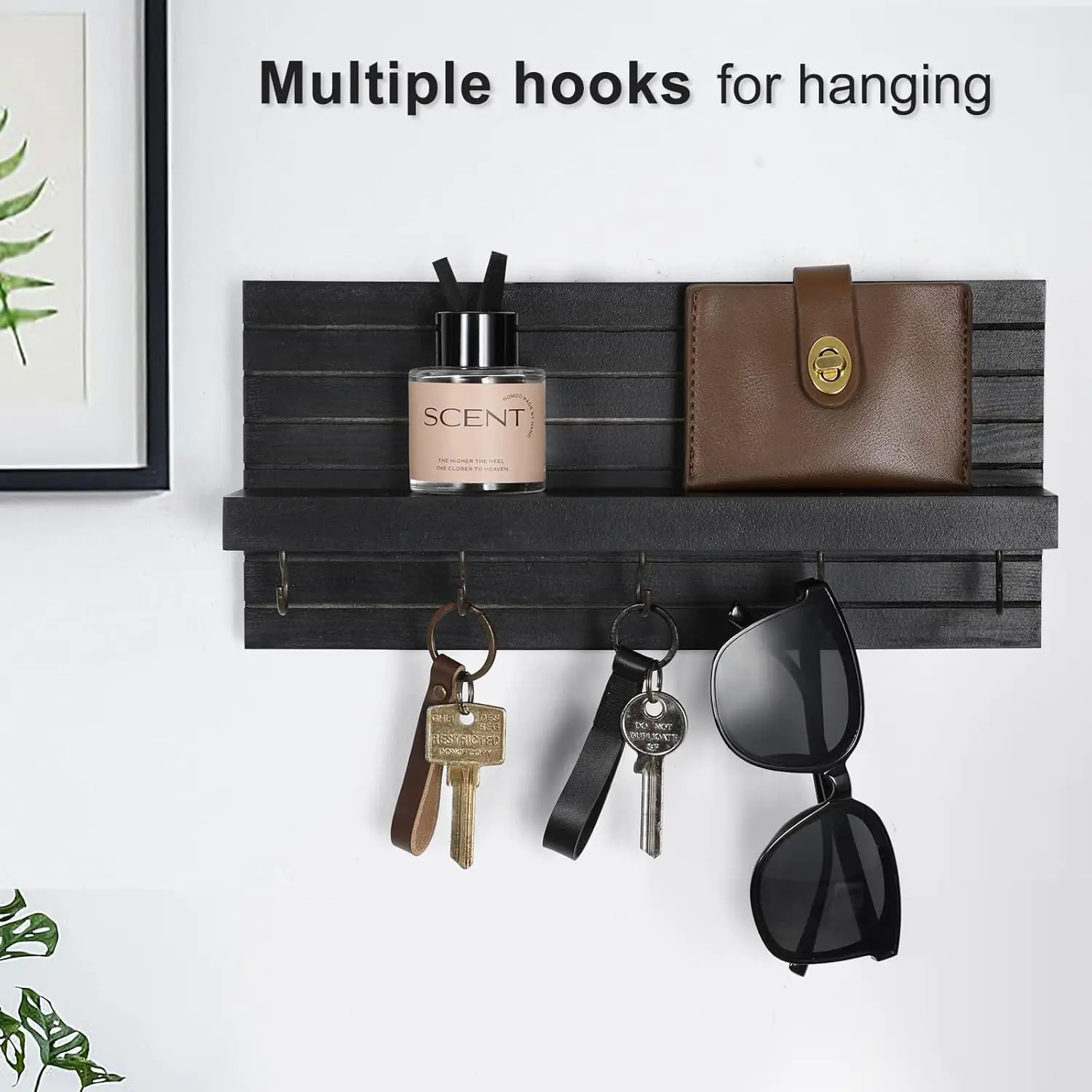Home Decorative Black Wood Entryway Wall Hanger Shelf Rack Wooden Wall Key Holder with Hooks