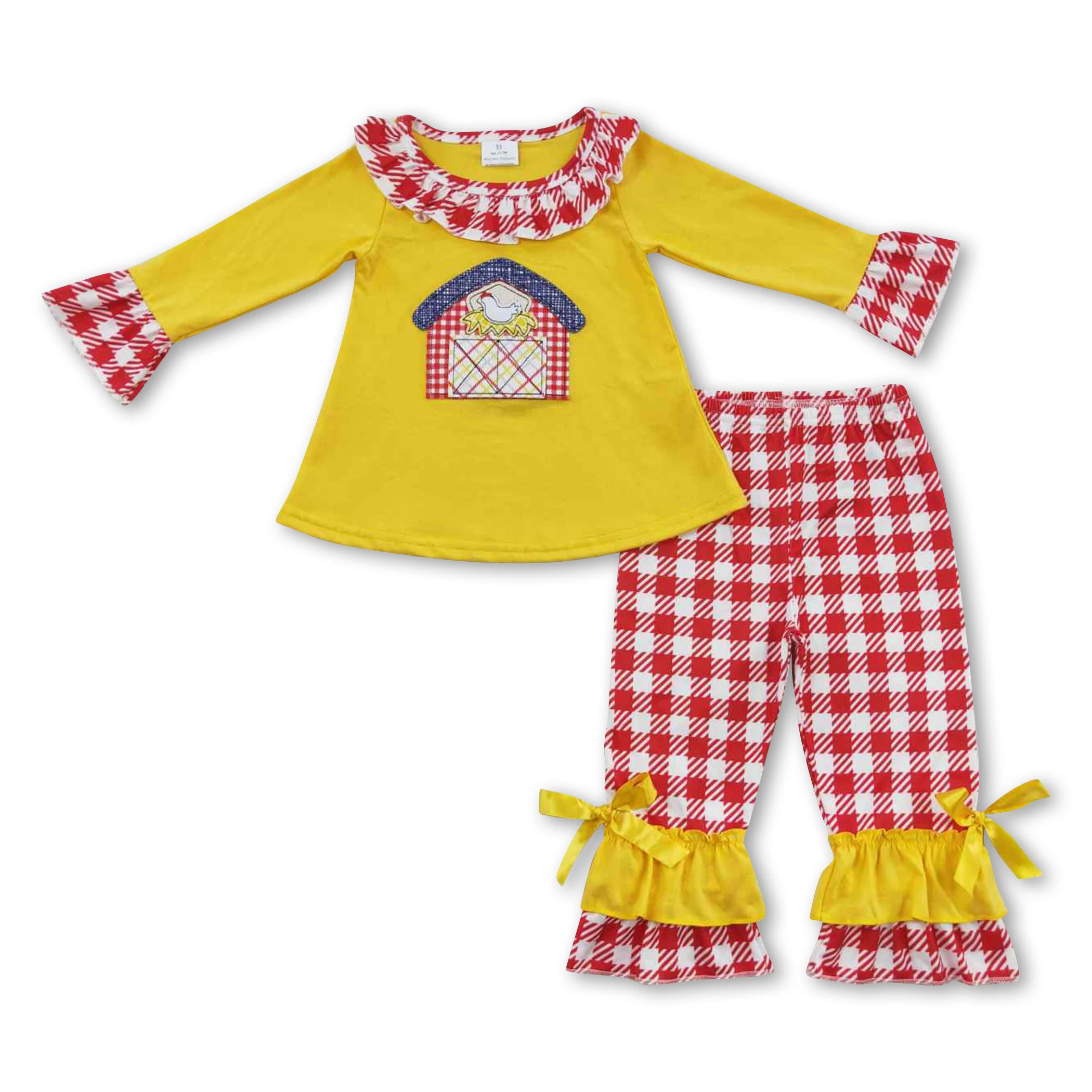 Bright yellow long sleeves chicken coop print top match red plaids pants fall set girls boutique clothes