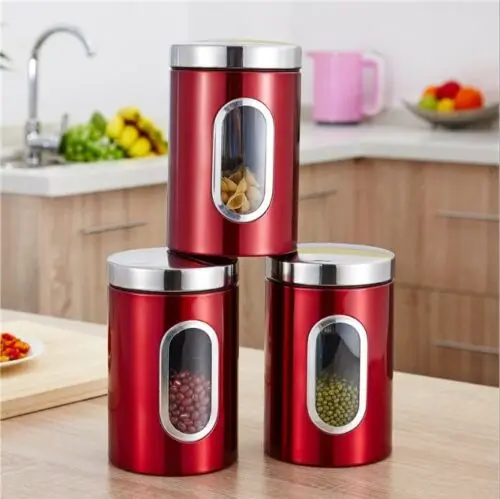3Pc Food Storage Can Canister Set with Airtight Lid,Glass Window Stainless Steel