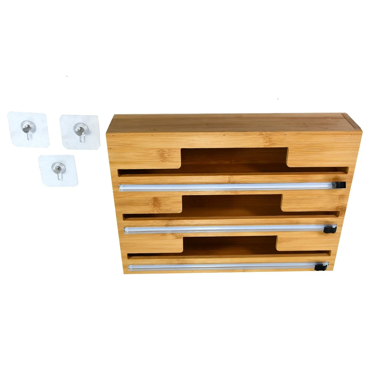 Wood Plastic Wrap Roll Organizer Holder 3 In 1 Bamboo Tin Foil Dispenser with Cutter and Labels Screw for Wall Mounted