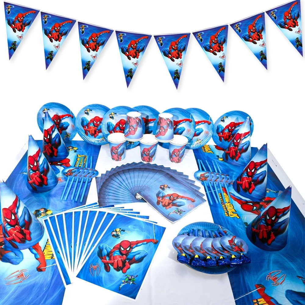 Child Latex Foil Balloons Spiderman Tableware Plate Mask Suit For Kids Birthday Party