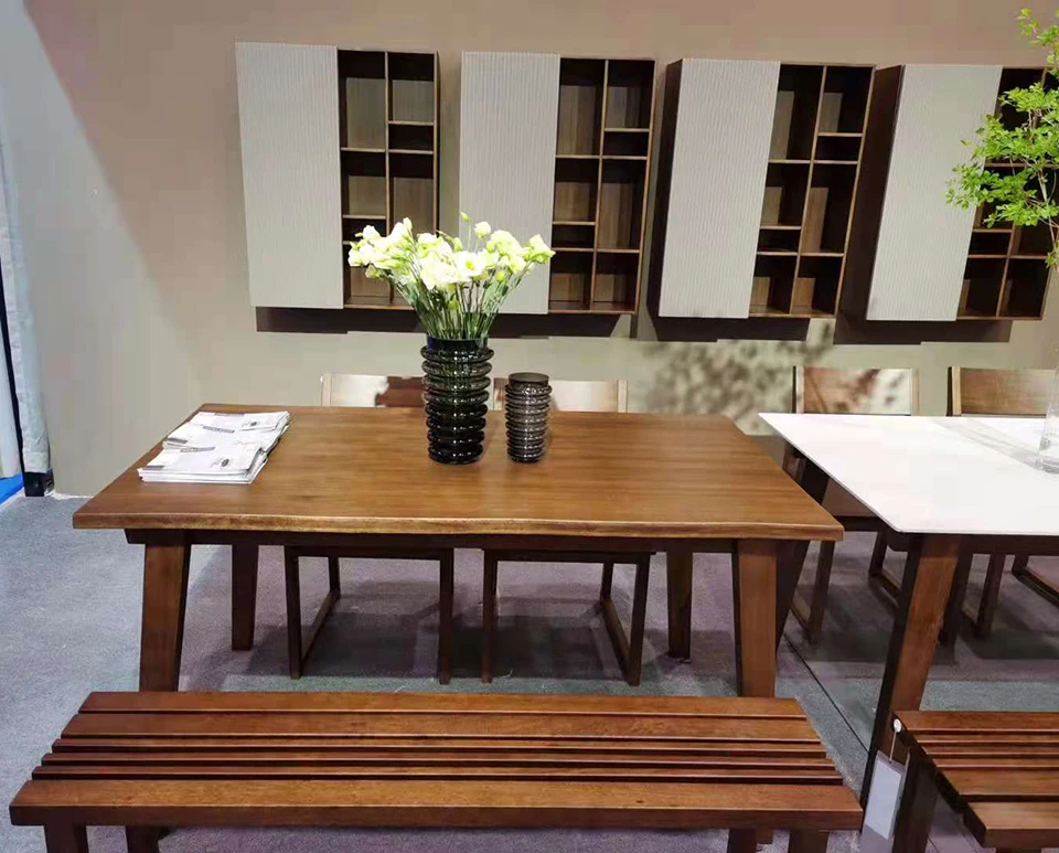 Solid Wood Rectangular Curved live Edge Dining Table With 6 Wooden Chairs 7 Pieces of Set Walnut Color Simple Dining Room Set