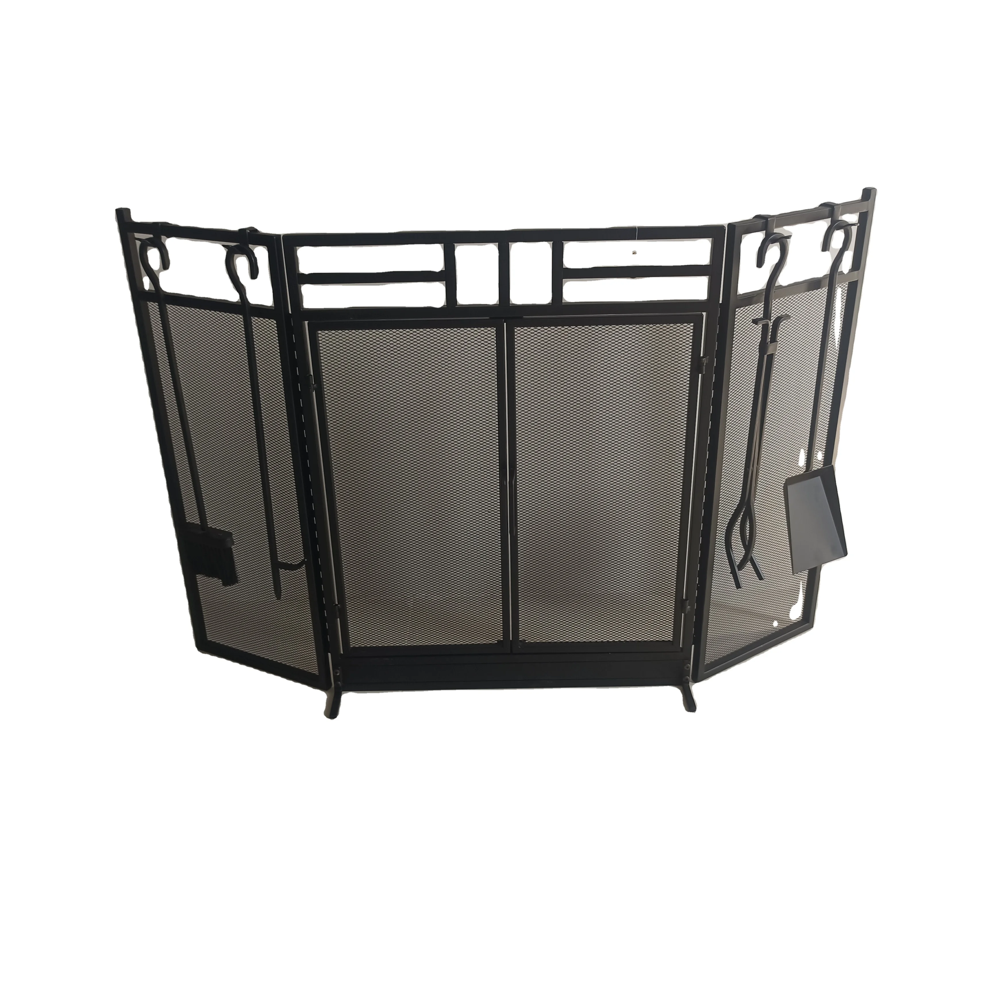 Ripple Living Room Black 3 Panels Metal Frame Fireplace Screen  Metal Fire Place Standing Gate Screen With Tools Factory Supply