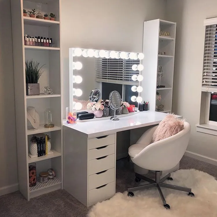 14 Leds Wood makeup vanity table with mirror set Dressing Table with mirror and draws makeup vanity table with mirror set
