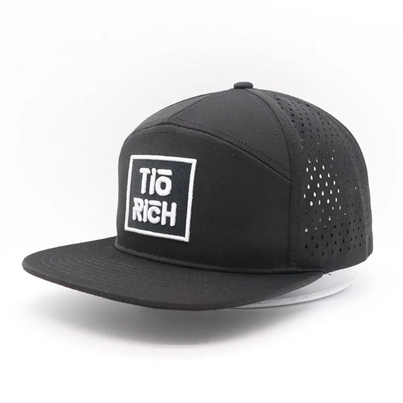 Custom 7 Panel Flat Bill Laser Cut Performance Waterproof black Baseball Cap High Quality Unisex  Hat & rubber logo