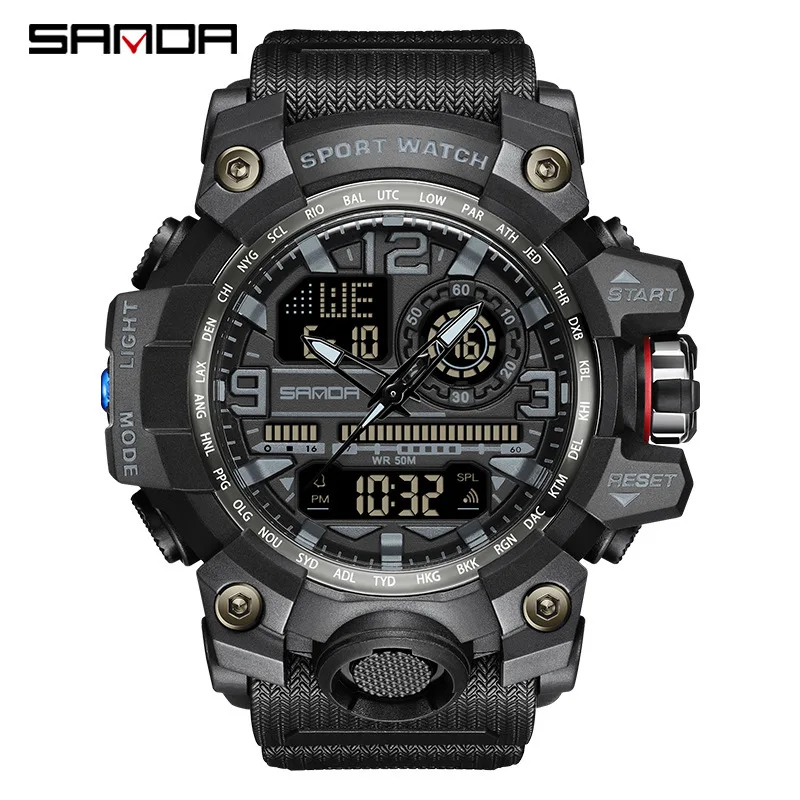 SANDA premium brand 5ATM deep waterproof shockproof hourly reporting digital sports watch men trend release