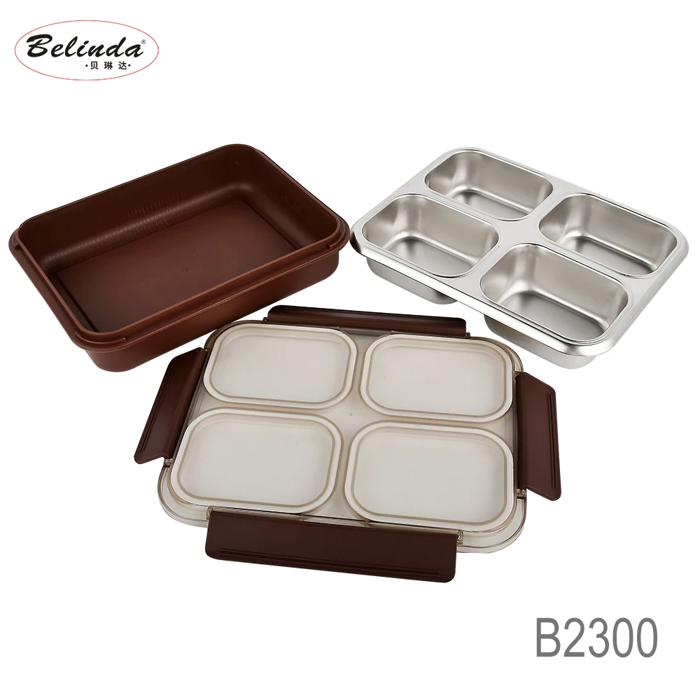 4 Compartments Plastic Bento Box with Stainless Steel Container Air-tight Heated Insulated Lunch Box Kids School