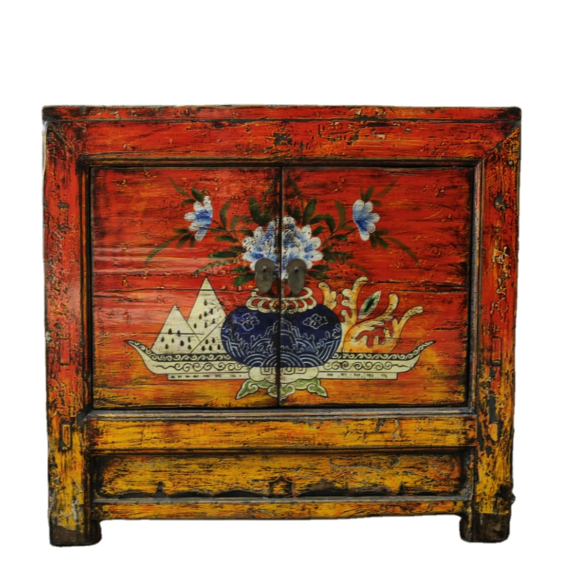 New arrival High glossy recycled wood furniture  antique reclaimed  wood Mongolian painting sideboard living room furniture