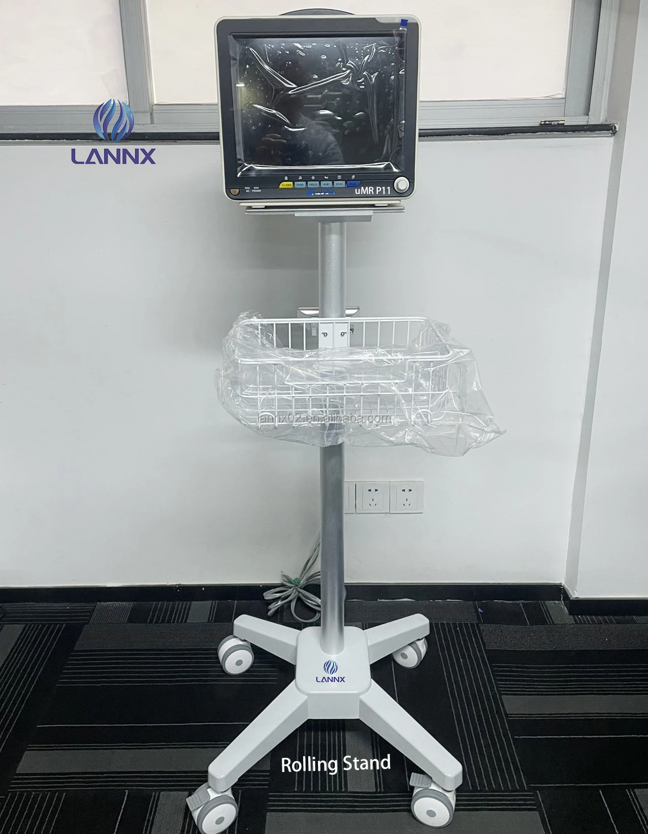 LANNX Mobile Height Adjustable Hospital Medical Vital signs Monitor Trolley with Basket Patient Monitor Rolling Stand
