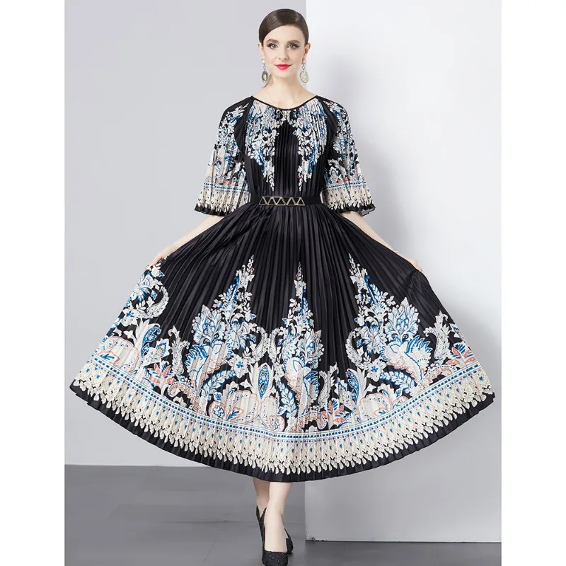 Summer Runway Blue And White Porcelain Long Dress Women O-Neck Flare Sleeve Floral Print Bohemian Loose Robe Vestidos 9804#