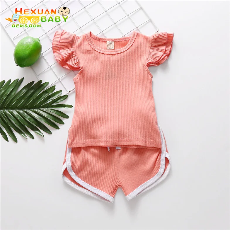  RTS solid color summer children boutique clothing sets flutter ruffle sleeve short girl