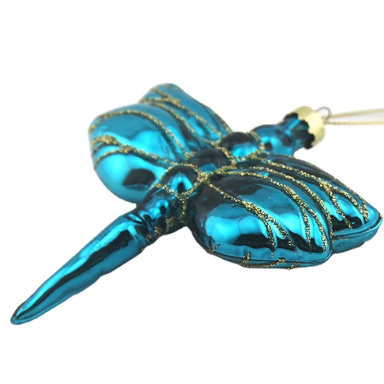 Factory Hand Painted Blown Custom Beautiful Decorative Hanging Bule Glass Bauble Dragonfly Shaped Ornaments  For Christmas Tree